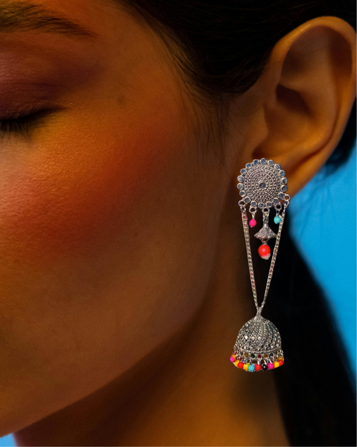 Boho Charm Oxidized Jhumkas with Multicolor Beads