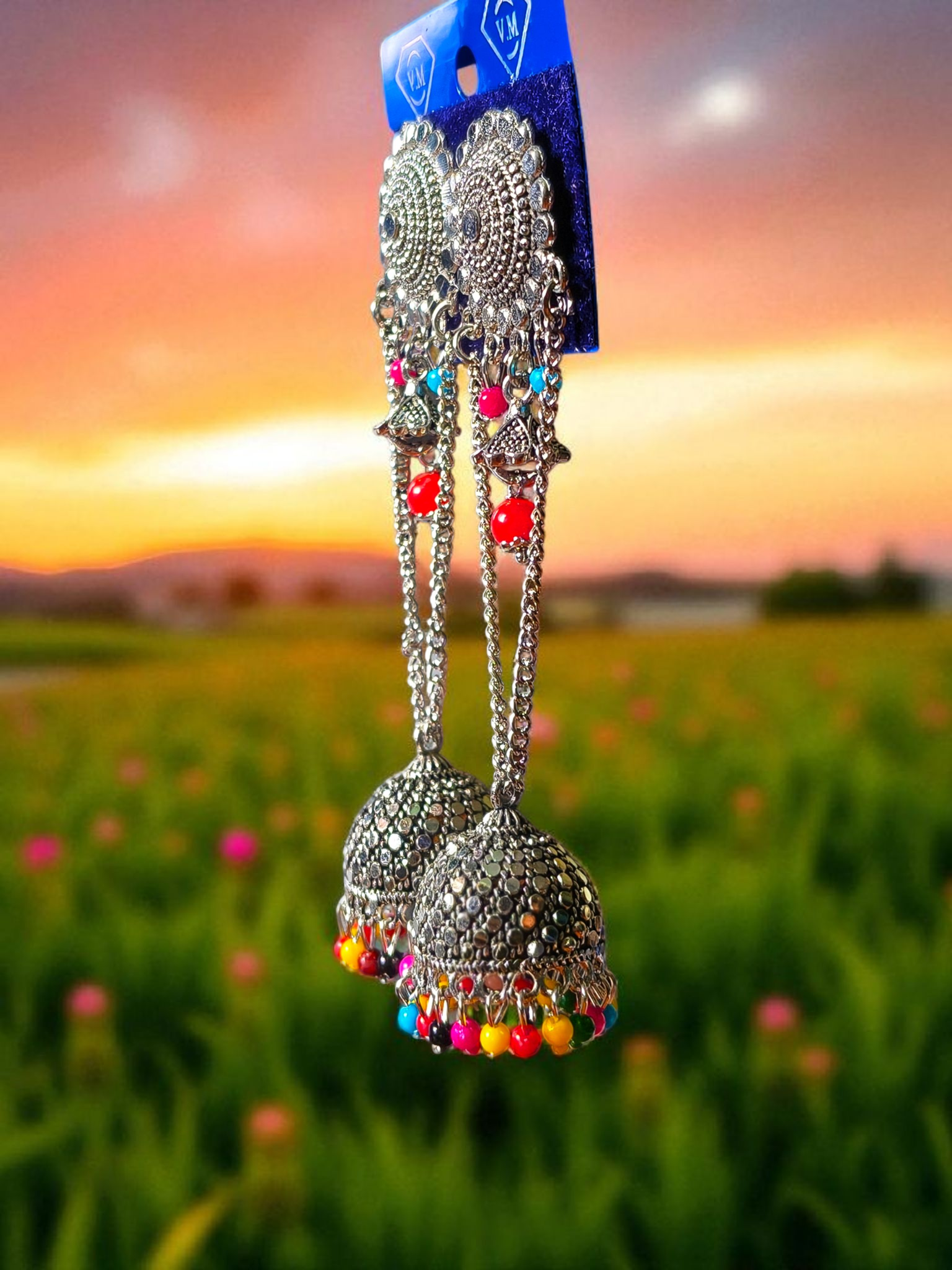Boho Charm Oxidized Jhumkas with Multicolor Beads