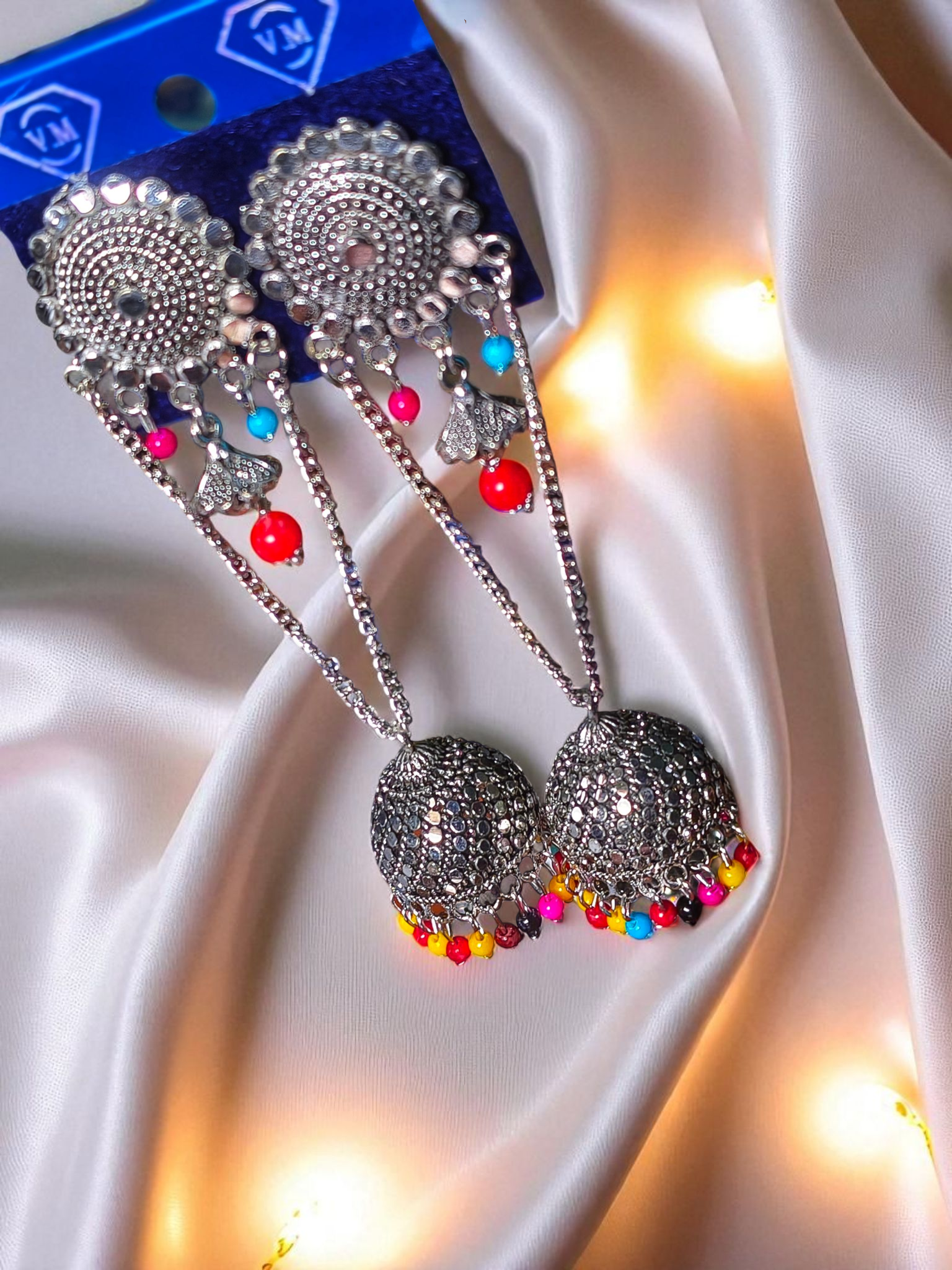 Boho Charm Oxidized Jhumkas with Multicolor Beads