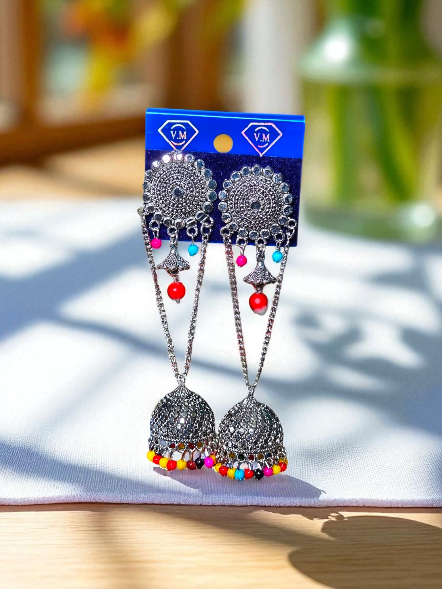 Boho Charm Oxidized Jhumkas with Multicolor Beads